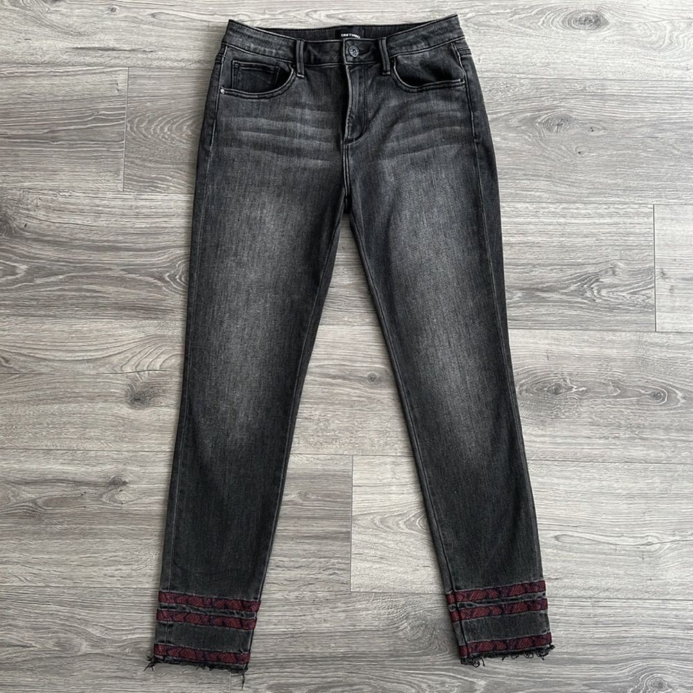 DRIFTWOOD Jackie Skinny Jeans Size 27 Gray Embroidered Red Trim Western Boho 90s